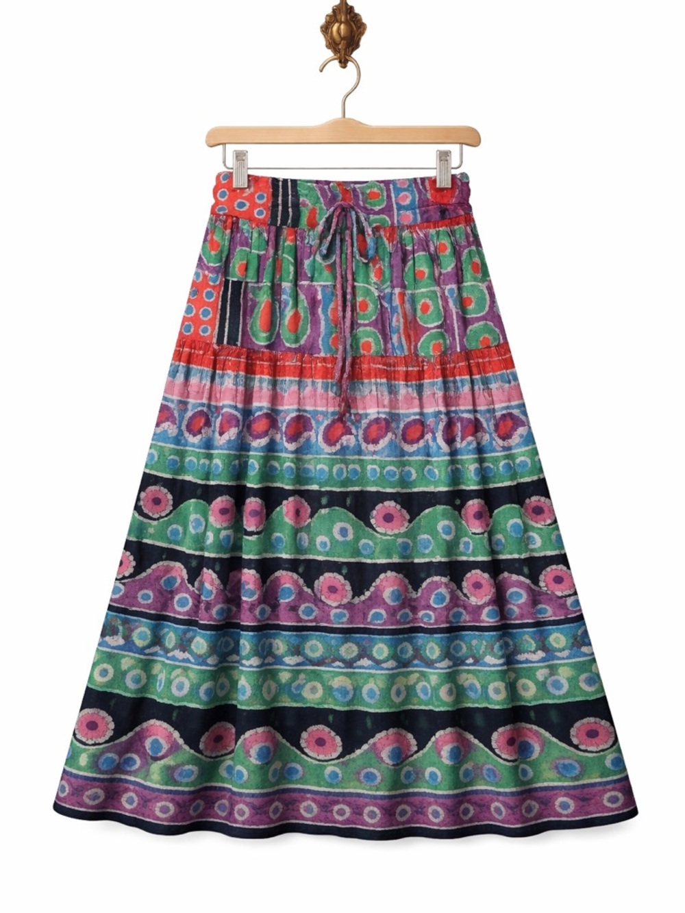 Frantik Midi Skirt with Multicolor Boho Print - Green/Purple/Pink Medium
